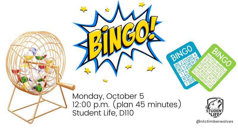 Colorful bingo flyer with spinning cage of numbered balls, comic-style "BINGO!" burst and three bingo cards, event details text, and a small organizational logo in corner.