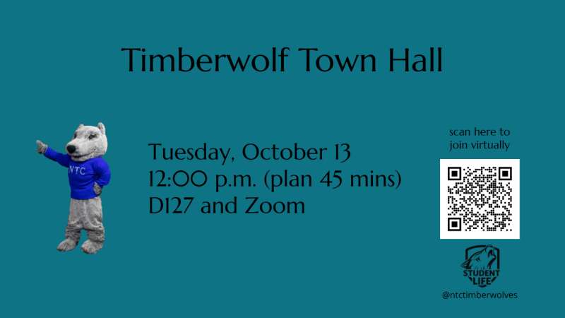 Teal flyer with cartoon timberwolf mascot, title Timberwolf Town Hall; details Tuesday Oct 13 noon, D127 and Zoom; QR code and small logo on right.