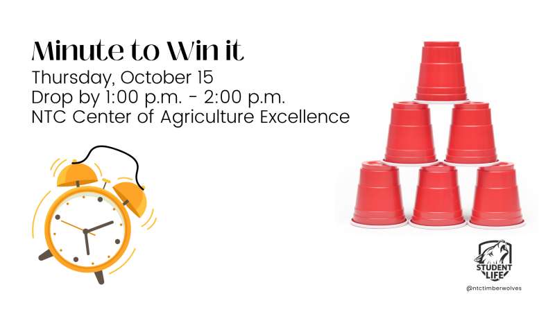 Minute to Win It flyer with date/time text, orange stopwatch illustration, pyramid of red plastic cups and small circular NTC logo on white