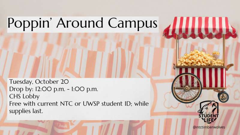 Event poster with striped red-and-white popcorn cart illustration beside overflowing popcorn bucket, title "Poppin' Around Campus" on peach patterned background, small circular campus logo.