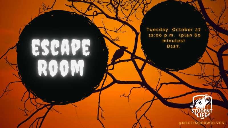 Orange background with black tree-branch silhouettes, large black blot reading "ESCAPE ROOM" in white, small student activities logo in lower-right.