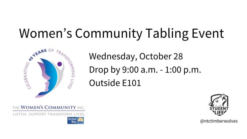 Flyer announcing Women's Community tabling event Wednesday, October 28, drop by 9:00 a.m.–1:00 p.m., outside E101; includes circular rainbow logo and organizational logos.