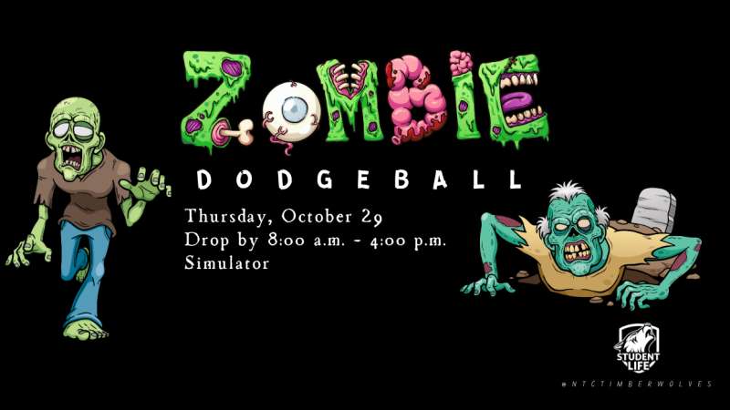 Playful Halloween 'Zombie Dodgeball' poster with cartoon green zombies, event details Thu Oct 29 8:00 a.m.–4:00 p.m., black background and small logo