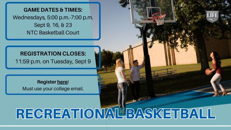 Recreational basketball flyer with three youths shooting on an outdoor court, blue registration panels and a small circular logo, sunny evening lighting.