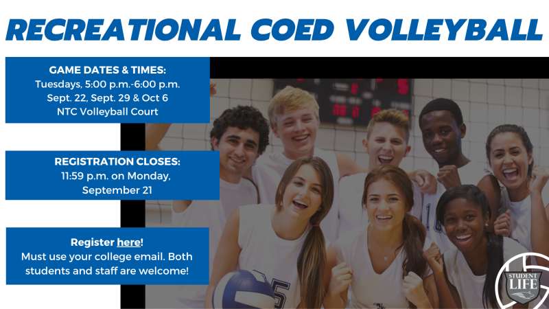 Promotional flyer titled "Recreational Coed Volleyball" showing smiling diverse young adults with a volleyball, blue panels listing dates, times, and registration info.