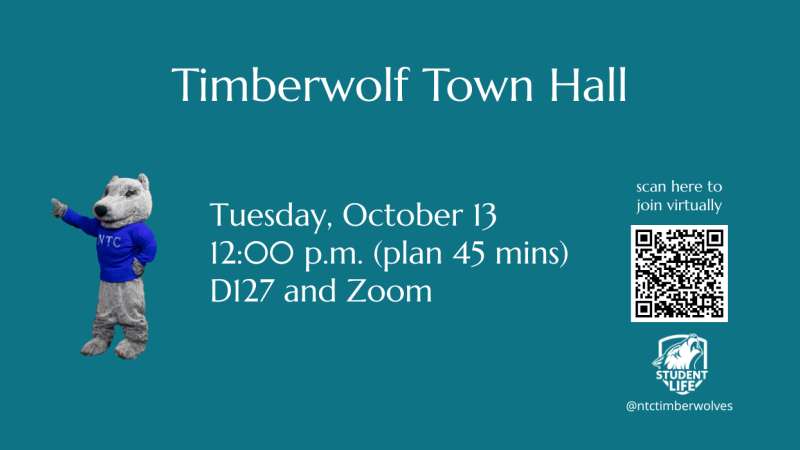 Teal town-hall flyer showing a polar bear mascot pointing right, event title "Timberwolf Town Hall," date/time, QR code and small school logo.
