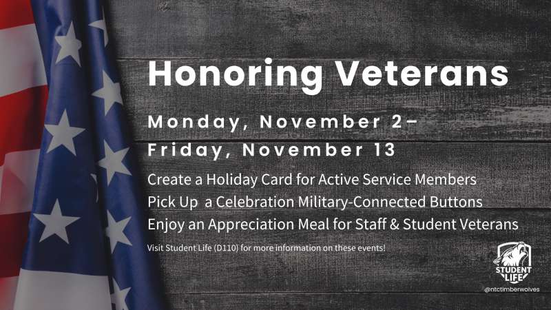 Horizontal banner: vertical American flag at left, white "Honoring Veterans" headline over dark weathered wood background, smaller event dates and participation details.