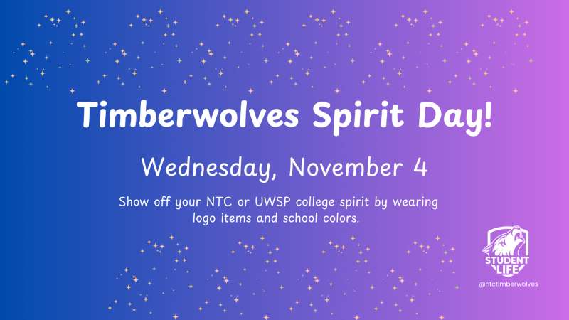 Purple-to-blue gradient school spirit banner reading "Timberwolves Spirit Day! Wednesday, November 4" with festive confetti and a small Timberwolves/UWSP logo in the corner.