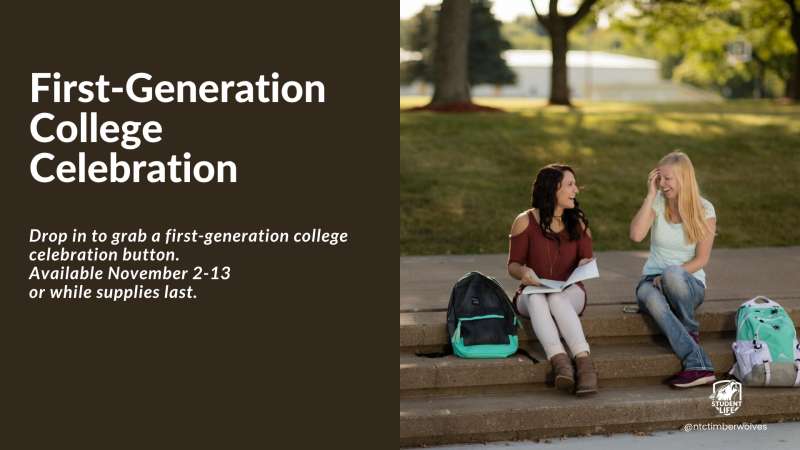 Two students sit on stone steps outdoors, smiling and talking, backpacks nearby; campus trees behind; dark brown panel and small circular logo at left.
