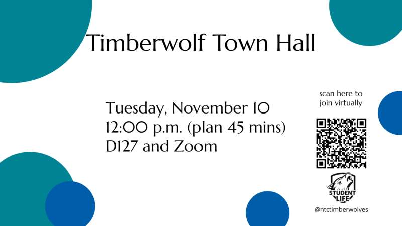 Timberwolf Town Hall flyer: Tuesday November 10, 12:00 p.m., D127 and Zoom; QR code for anonymous questions, teal and blue circular accents, green griffin logo.