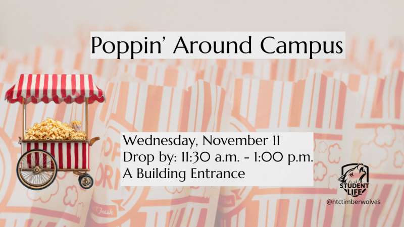 Event flyer titled "Poppin' Around Campus" featuring a red-and-white striped popcorn cart overflowing with popcorn on a peach-pink striped background, event details and campus logo.