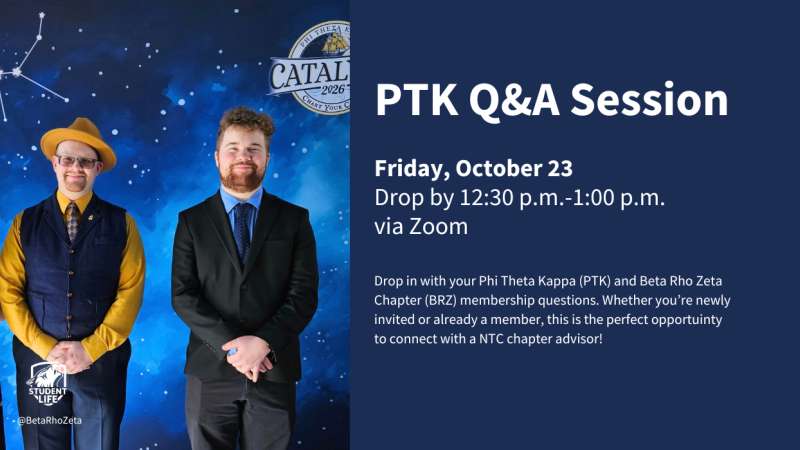 Two PTK members attending Catalyst with an overlay of event info.