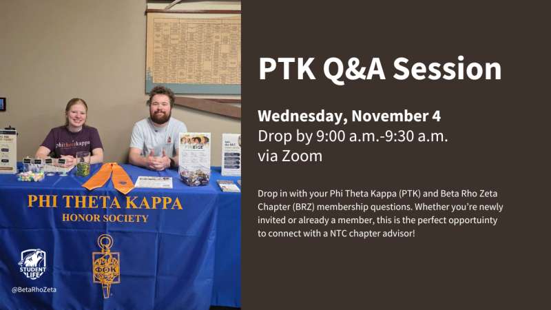 Two students smiling at a PTK info table with an overlay of event info.
