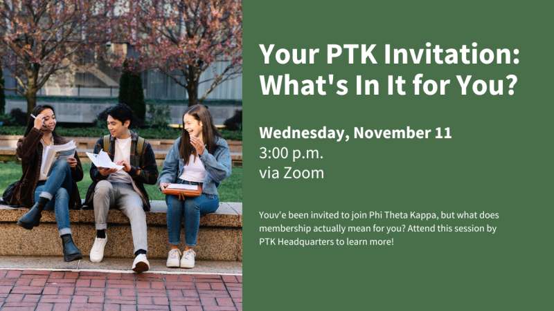 A group of students laugh in a courtyard with an overlay of event info.