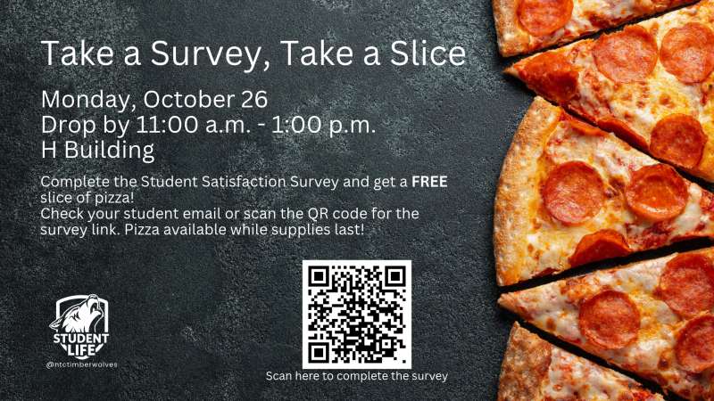 Flyer with dark background announcing "Take a Survey, Take a Slice" event, QR code and details; close-up of pepperoni pizza slices on the right.