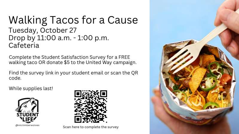 Flyer for a “Walking Tacos for a Cause” event, Tuesday Oct 27, noon–1pm; hands holding a torn chip-bag taco with fork; two QR codes and small logos.