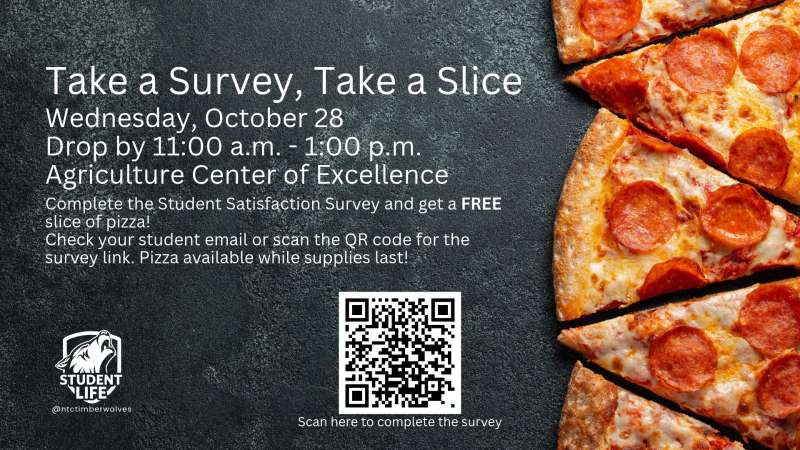 'Take a Survey, Take a Slice' Oct 28, 11 a.m.–1 p.m.; QR code and logos; right shows three close-up cheese pizza slices on dark background