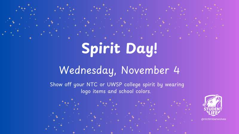 Purple-blue gradient banner with confetti; white "Spirit Day! Wednesday, November 4" headline, note to wear college logo and school colors, college logo bottom-right.