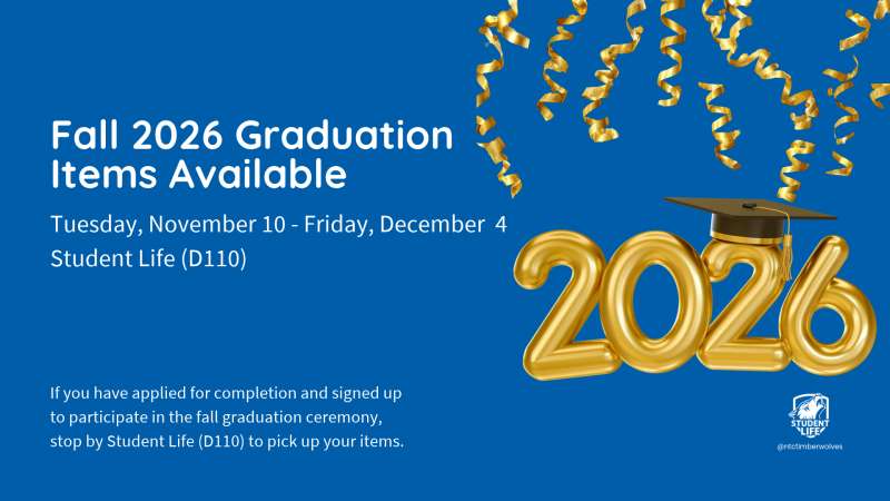 Blue poster with gold confetti and large gold balloon numbers "2026," headline "Fall 2026 Graduation Items Available," event details and small university logo bottom right.