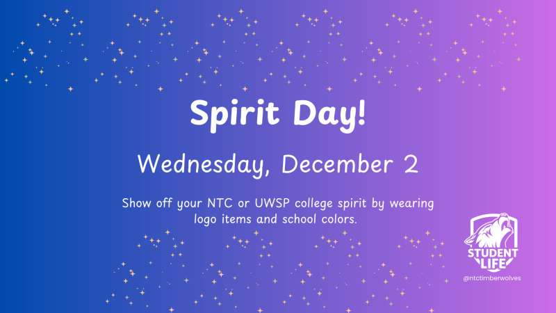 Purple-to-blue gradient with white confetti; Spirit Day Wednesday, December 2 text inviting college-logo items and school colors, small school logo lower-right