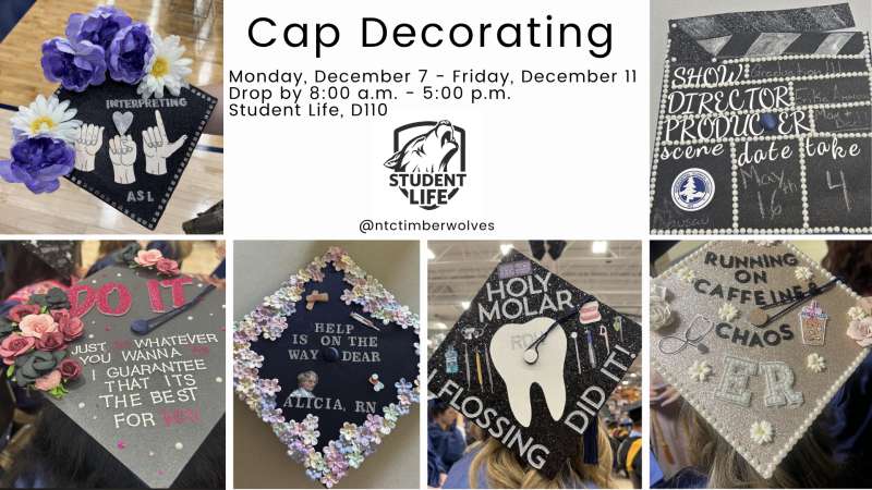 Collage of decorated graduation caps laid on a table; designs feature large purple paper flowers, glittery lettering, floral trim, rhinestones, and handwritten inspirational phrases.