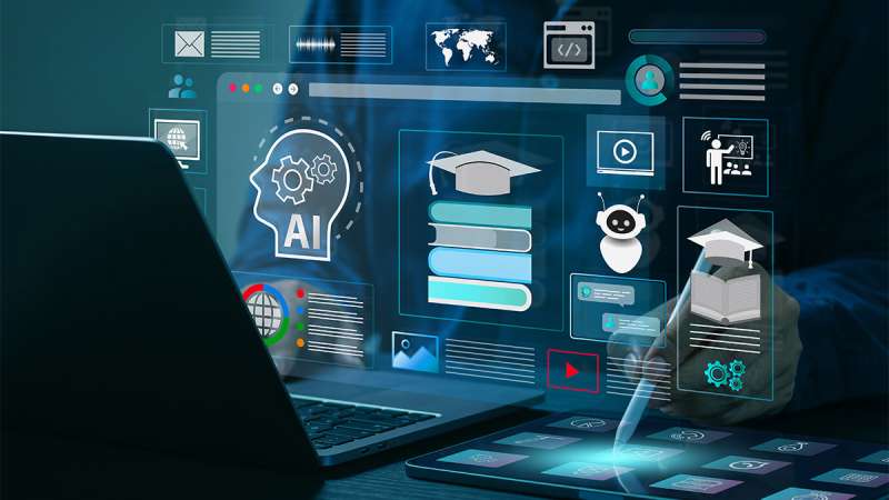 Dark workspace with laptop and tablet; holographic AI interface overlays showing brain icon, data blocks, hand interacting.