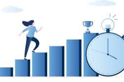 A young woman runs up steps to get to a trophy. Next to the steps is a graphical image of a stopwatch running.