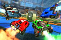Four cars from Rocket League race to hit the soccer ball into the goal