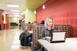 Student sitting at booth while typing on laptop