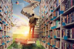 Inside of a library, a student is walking up a staircase of books leading up into the sky.