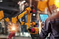An Engineer checks and controls an automatic welding robot with monitoring system software that is welding parts together.