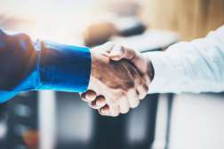 A close up view of two business persons shaking hands.