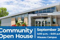 An external view of the front entrance of Northcentral Technical College with a graphical overaly with event details.