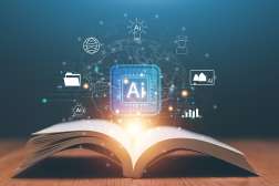 An open book glows, with an AI chip and interconnected holographic technology icons above it against a dark background.