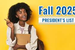 Smiling young student with curly hair holding notebooks and a backpack against a bright yellow background.