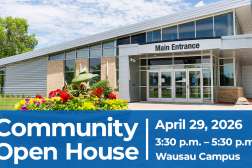 External view of the Northcentral Technical College front entrance," surrounded by green lawn and red flowers.