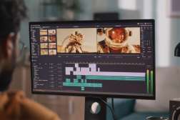 Bearded man seen from behind editing a space-themed video on a widescreen monitor, timeline and preview panels visible.