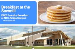Tan campus building under blue sky, inset stack of pancakes with butter and syrup and a blue banner.