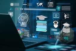 Dark workspace with laptop and tablet; holographic AI interface overlays showing brain icon, data blocks, hand interacting.