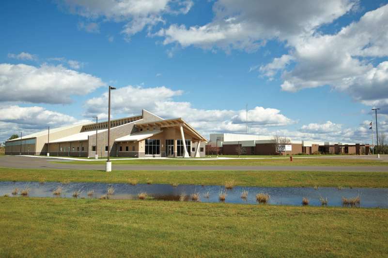 Exterior of Antigo Campus buildings, including the main building and the Wood Technology Center of Excellence
