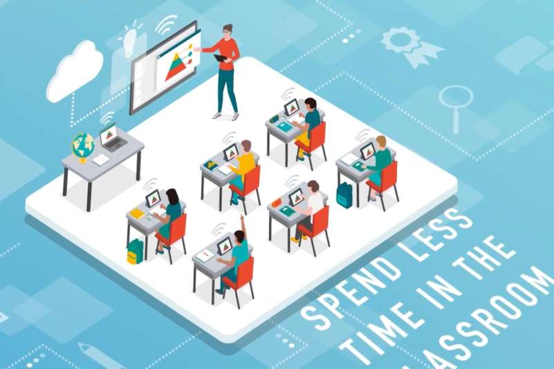 Illustration of students sitting in a classroom with the caption of: Spend less time in the classroom.