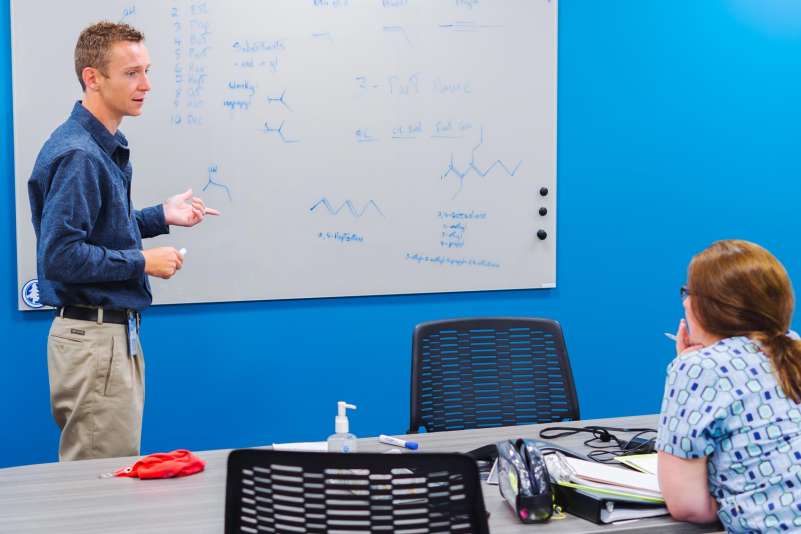 A tutor standing in front of a whiteboard with writing and diagrams on it explains a concept to a student who is sitting at a table.
