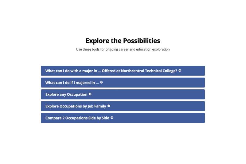 The Focus 2 Explore the Possibilities user interface, including links: What can I do with a major in…, what can I do if I majored in…, explore any occupation…, explore occupations by job family, and compare 2 occupations side by side.