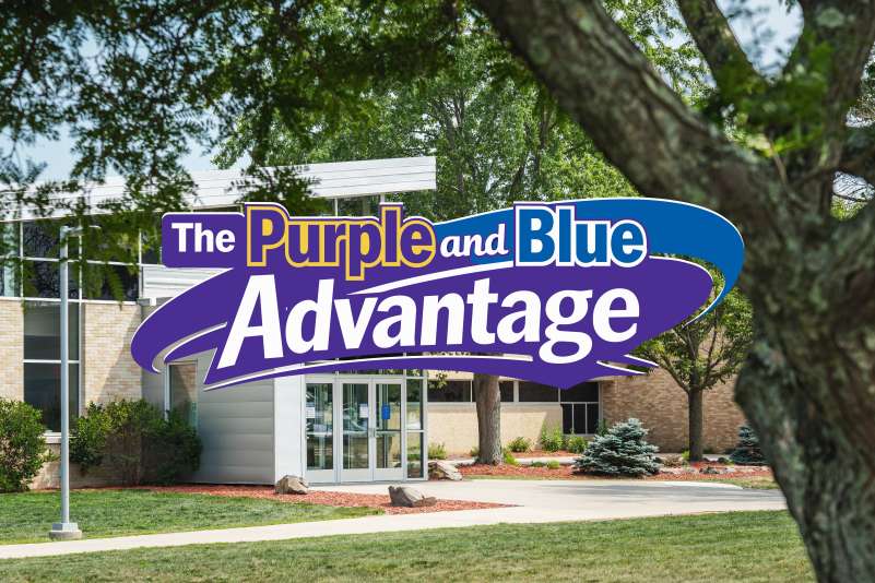 The NTC Wausau Campus main entrance with The Purple and Blue Advantage logo overlaid