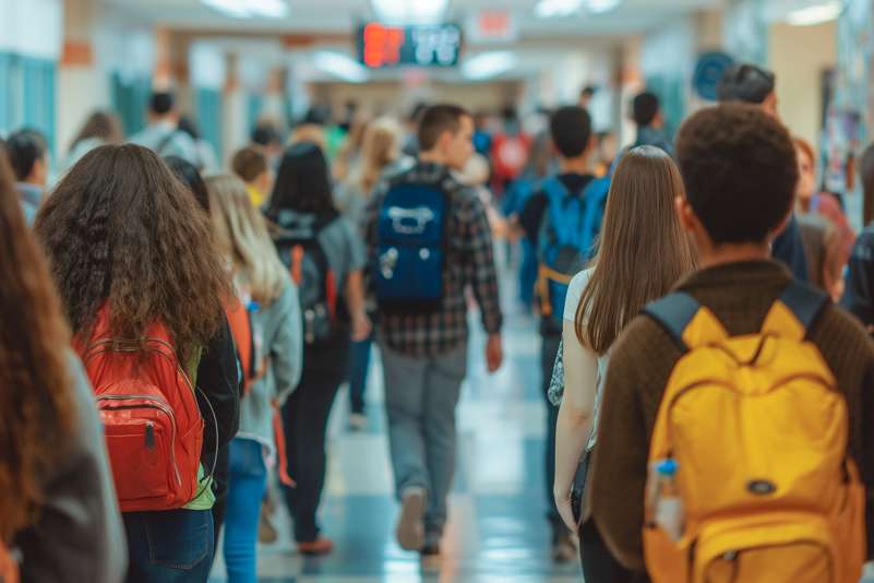 Crowded school hallway with students wearing backpacks walking between lockers