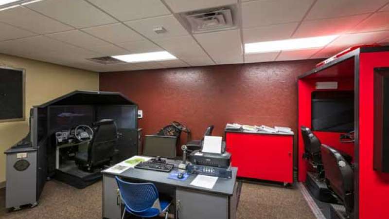 All hazards driving simulator in a classroom at the Public Safety Center of Excellence