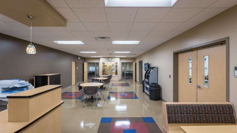 A view of the lobby and classrooms inside the main classroom building at the Public Safety Center of Excellence