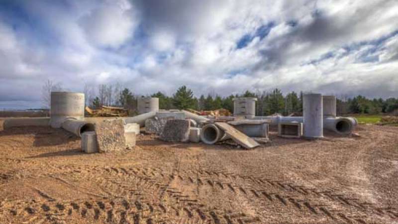 A bunch of concrete pipes and blocks piled up in a dirt area at the Public Safety Center of Excellence