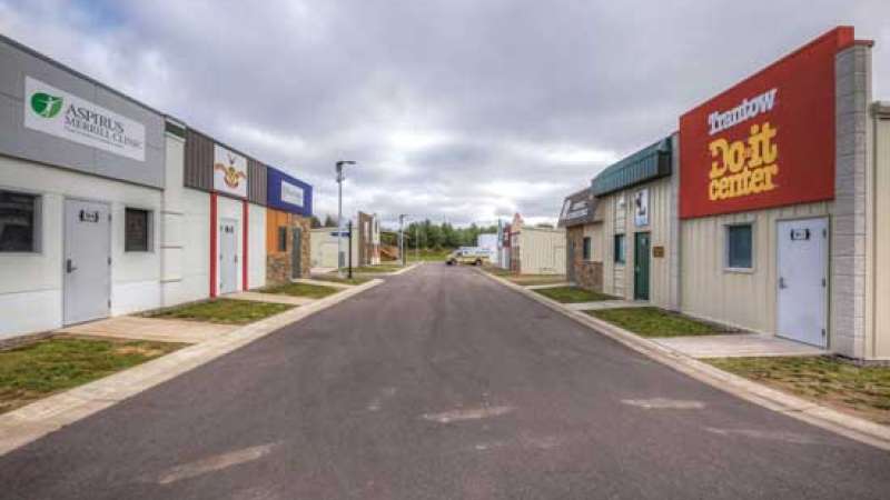 Village of mock storefronts for urban simulation training.