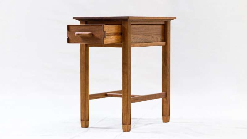 Greene & Greene Inspired Side Table with the drawer pulled out a few inches.